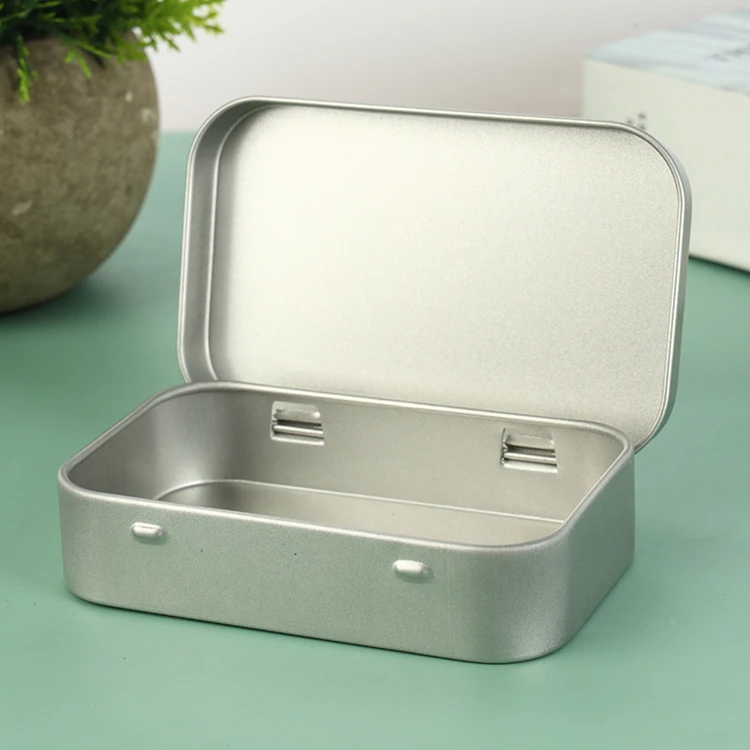 OEM Custom Printed Silver Rectangular Hinged Tin Case With Lid Gift Packaging Food Grade Container Metal Tin Can Box
