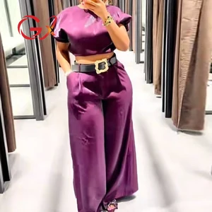 GX0320A Fashion 2026 Women Clothing Boutique Street Wear Short Sleeve Tops and Wide Leg Belt Pant 2 Piece Set