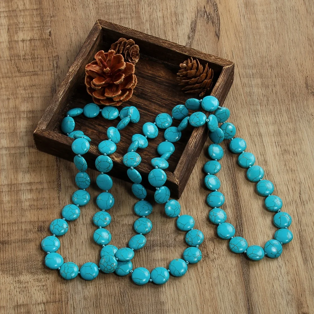 Women Ethnic Western Jewelry Width White Flat Turquoise Blue Stone  Necklace 47inch Long Wrap Turquoise Necklaces