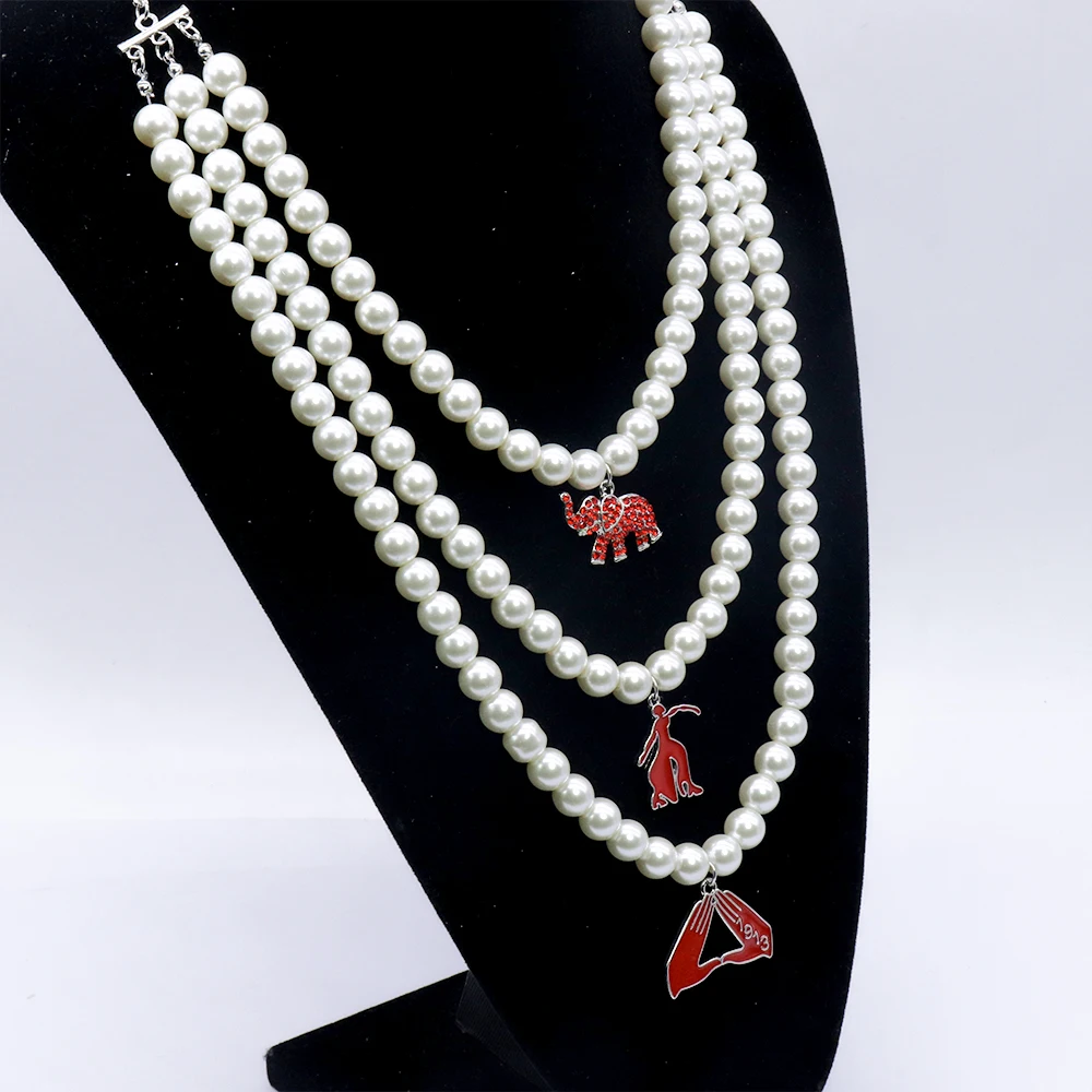 Sisterhood Delta Sigma Theta Inspired Red Elephant Fortitude Lady Triangle Hand Sign Charms Making Greek DST Pearl Necklace