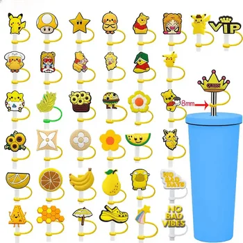 8mm Flower Hamburger Pikachu Reusable Wholesale Holiday Rubber Straw Charms Toppers Yellow Straw Topper