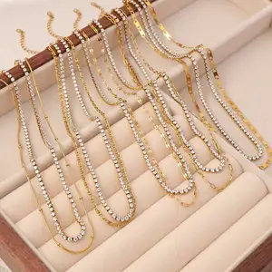 Fashionable 18K Gold PVD Stainless Steel Necklace Double Layer Tennis Box Chain Full Zircon Classic Hexagon Shape Gift