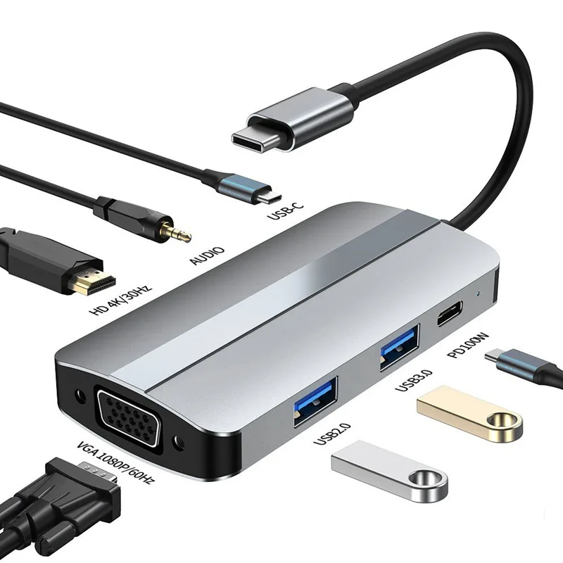 7-in-1 Docking Station USB3.0+HDMI+USB-C+PD+VGA+audio Docking Station Notebook Connector