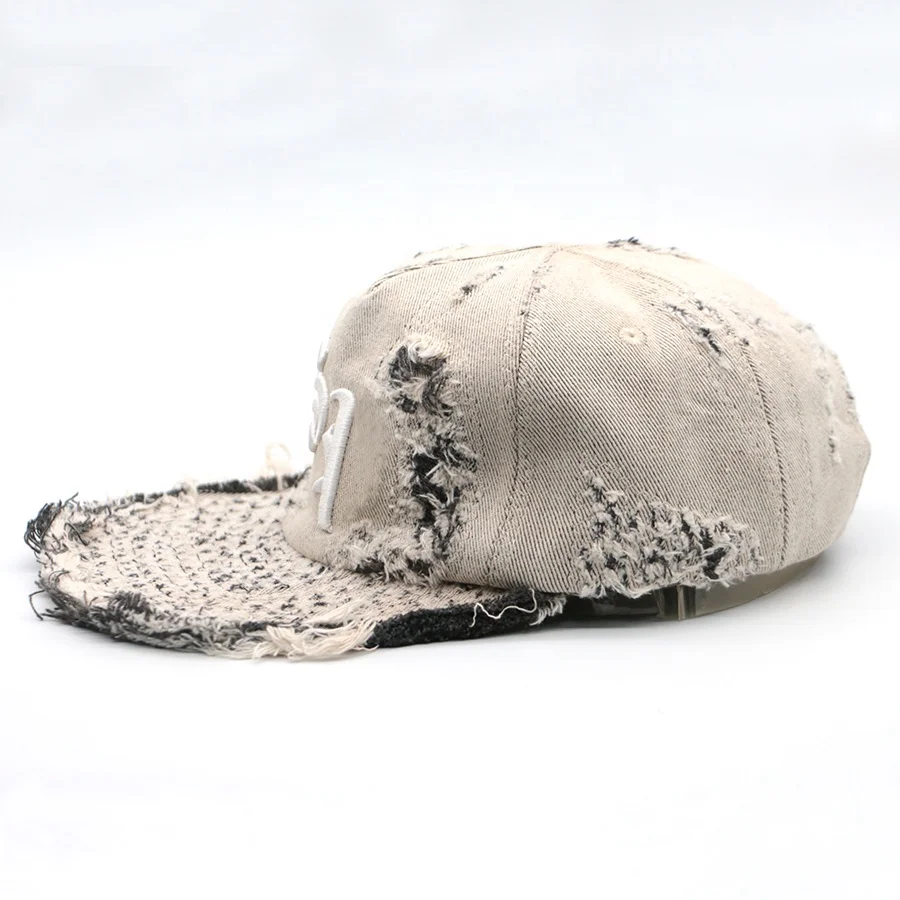 Design 6 Panel Flat Brim Distressed Washed Dad Hats Manual Processing Fashion and Vintage Unstructured Adjustable Caps