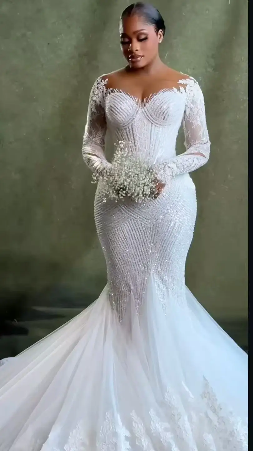 Customized Arabic Aso Ebi Elegant Wedding Dress with Beading Lace Mermaid  Long Sleeve Princess Bridal Gown