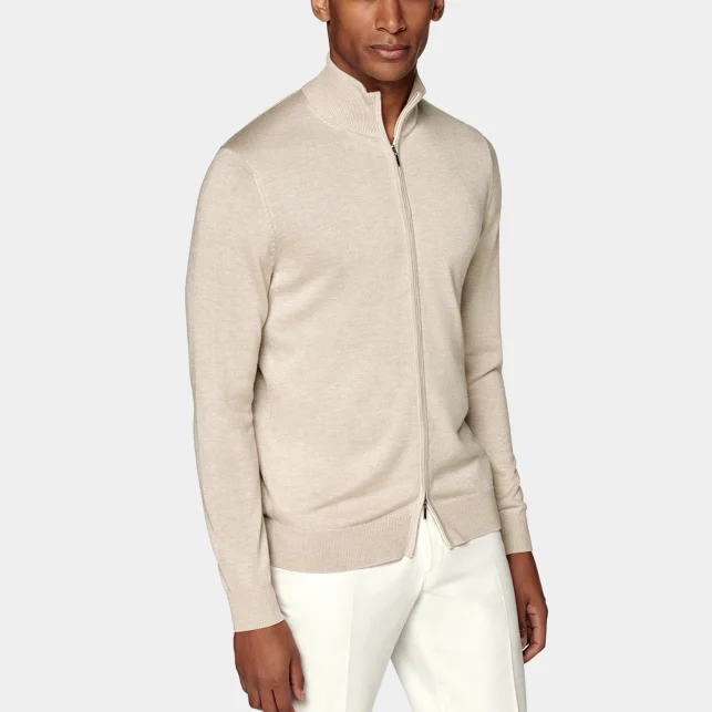 Sleeve Cardigan Sweater Coat Knit Sweater Winter  Men Zipper Sweater Light Brown