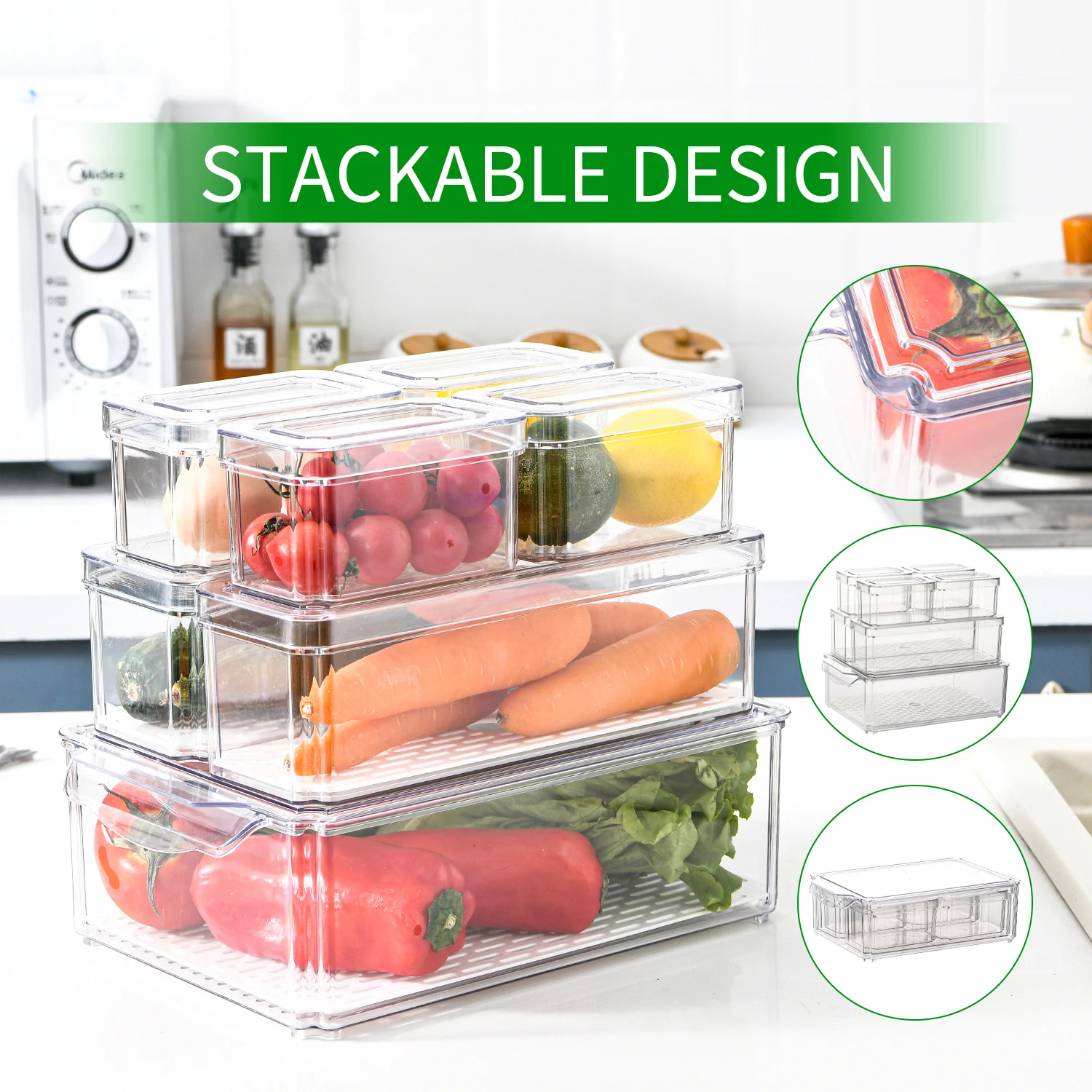 Reusable Refrigerator Organizer Bins Transparent PET Stackable Food Refrigerator Storage Box Container Set
