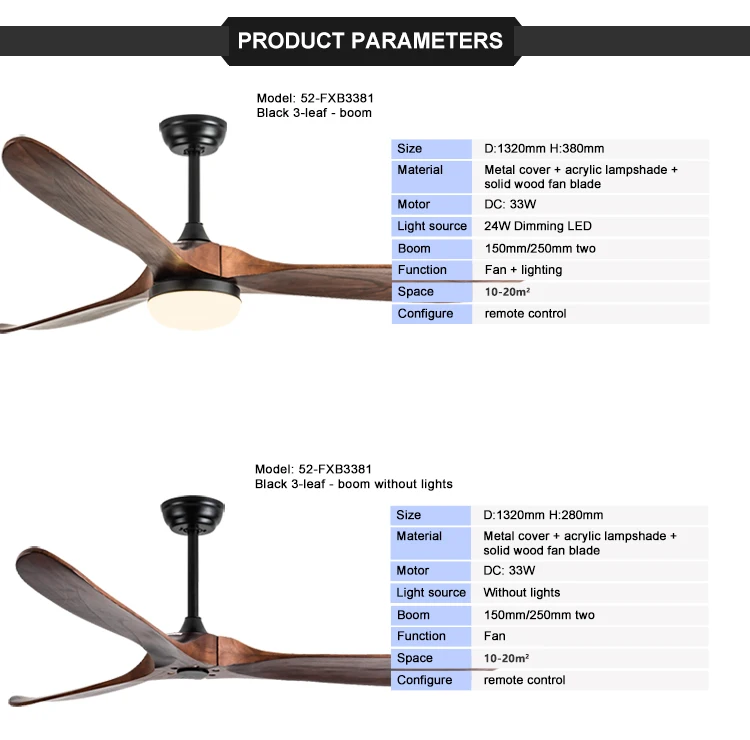 Modern Latest Designer Factory American 3 Solid Wood Blades DC Motor Energy Saving Ceiling Fans Light