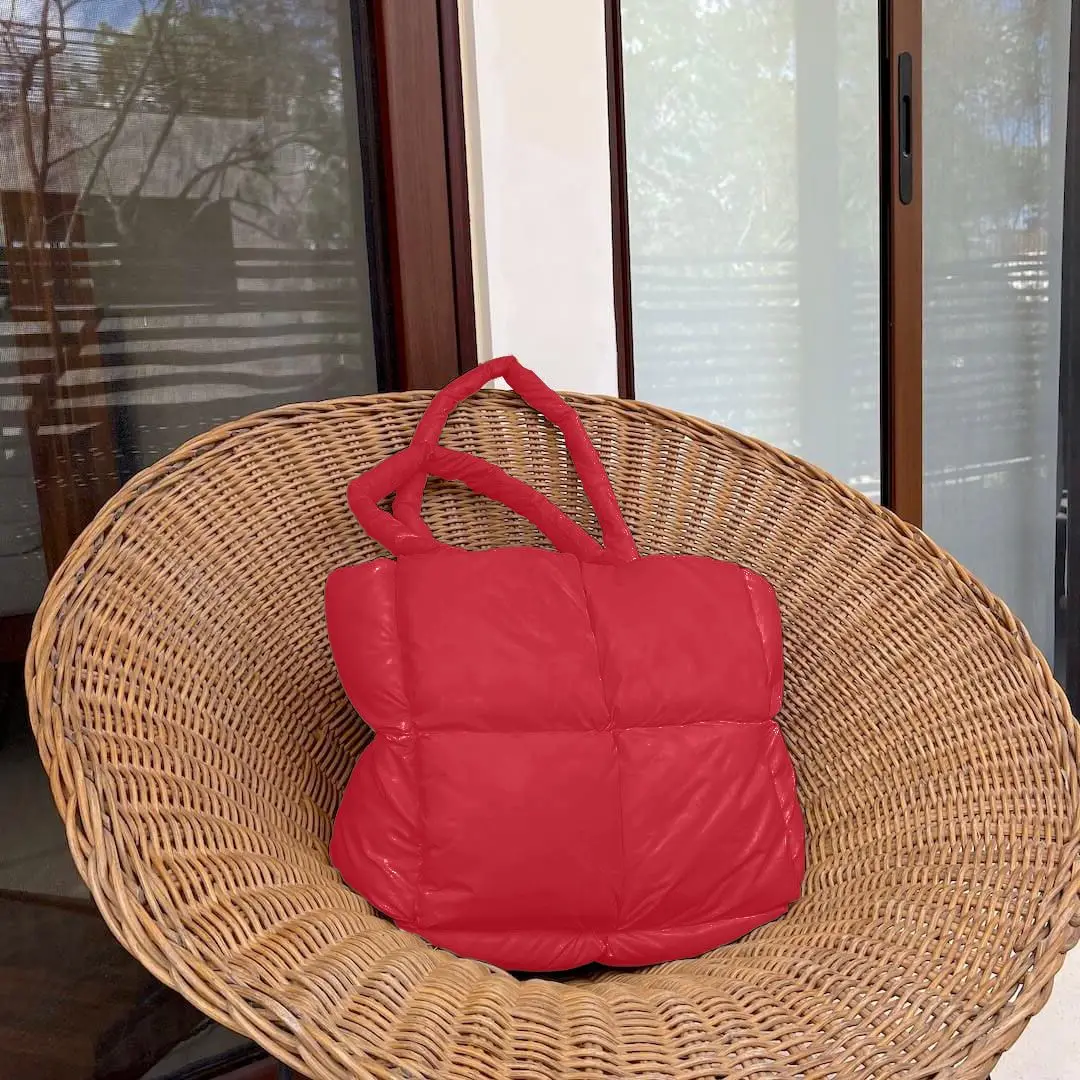 Quilted Red Puffer Tote Bag for Women Light Winter Down