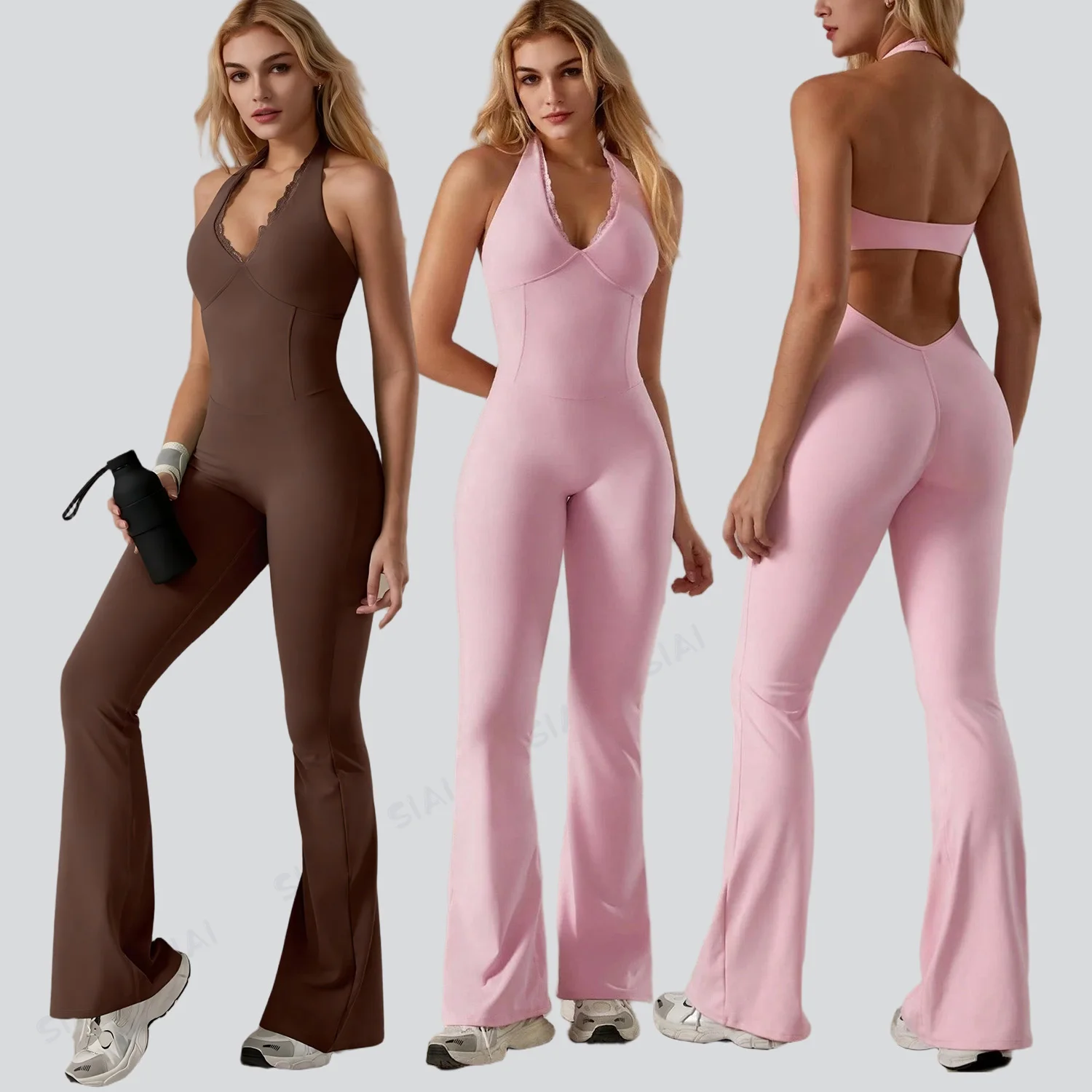 Wholesale Women's Yoga Flare Jumpsuit Chest Pad V-neck Backless Full-Length Lightweight Eco-Friendly Anti-Bacterial Anti-Wrinkle - Image 2