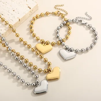 Fashion 18k Gold Plated Stainless Steel Beads Heart Shaped Pendant Necklace Gold Plated Heart Bracelet Necklace For Women