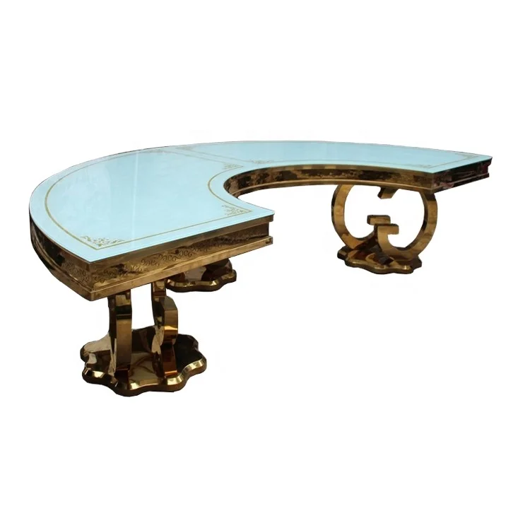 Золотистый полулунный стеклянный стол из нержавеющей стали для банкета и свадьбы