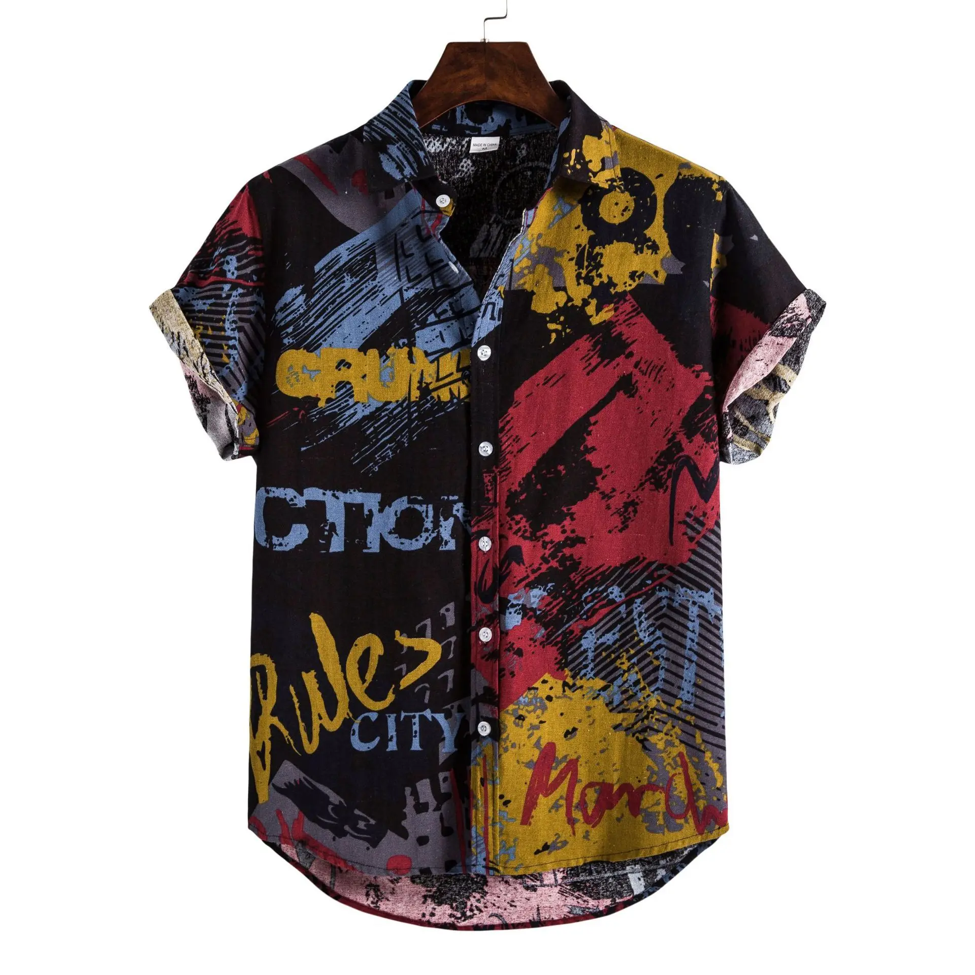 Men's Shirts Cotton Hiphop Style Graffiti Print Short Sleeve Button ...