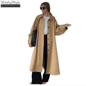 Women's Casual Long Trench Coat Winter Single-Breasted Turn-down Collar Woven Worsted Fabric Loose Fit Solid Full Sleeve