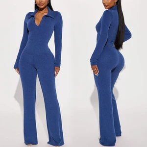 Huili Custom Logo Breathable Slimming Loungewear Stretch V Neck Shirt and Pants Fitness Ribbed  2 Piece Sets for Women