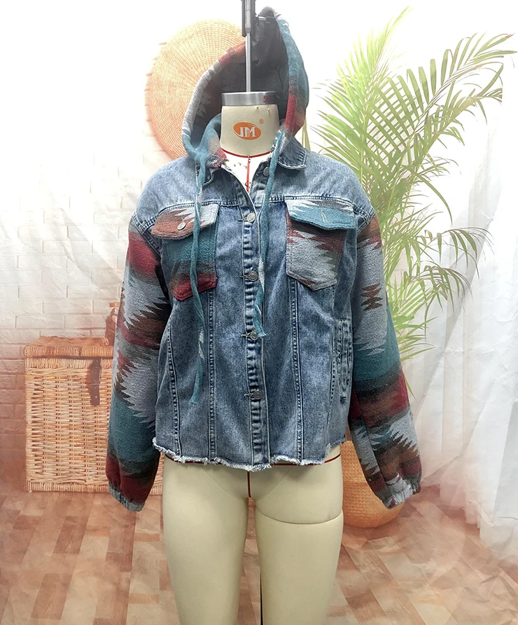 2025 Western Aztec Navajo Pattern Long Sleeve Button Down Denim Coat Autumn  Vintage Hooded Jeans Shacket Jacket Women