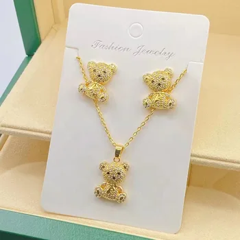 Trendy Women Jewelry Gold Plated Stainless Steel Micro Inset Zircon Cute Bear Necklace Earrings Jewelry Sets