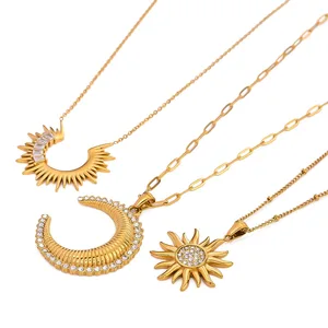 High-End Ins Sunflower Clavicle Chain Stainless Steel Gold Plated Inlaid Zircon Moon Pendant Necklace