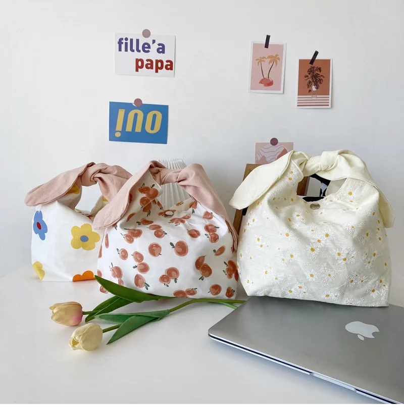 Симпатичная сумка для ланча из переработанного хлопка с кроличьими ушками многоразовые переносные ручные сумки