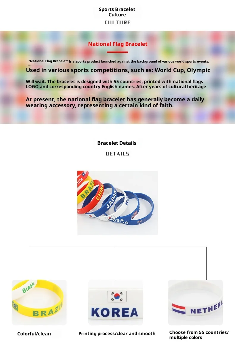 France Paris World Games Commemorative National Day United States Brazil China Flag Eco-friendly Silicone Bracelet 20cm Band supplier