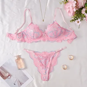 2026 Cross-Border European & American Style Sexy Lingerie Pink Lace Print Sweet Pure Desire Bra Set for Women
