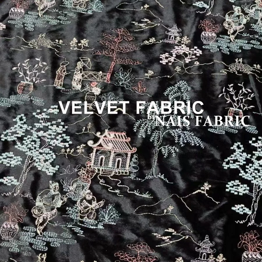 Nais Luxury Tree House Pattern Thick Winter Polyester Embroidered  Embossed 3d Flower Velvet Black Fabrics for Winter Clothing