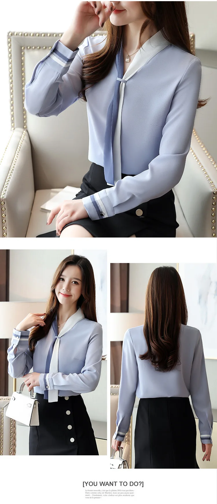 Korean Shirts Tops Women Blouses Office Chiffon Shirts Elegant V