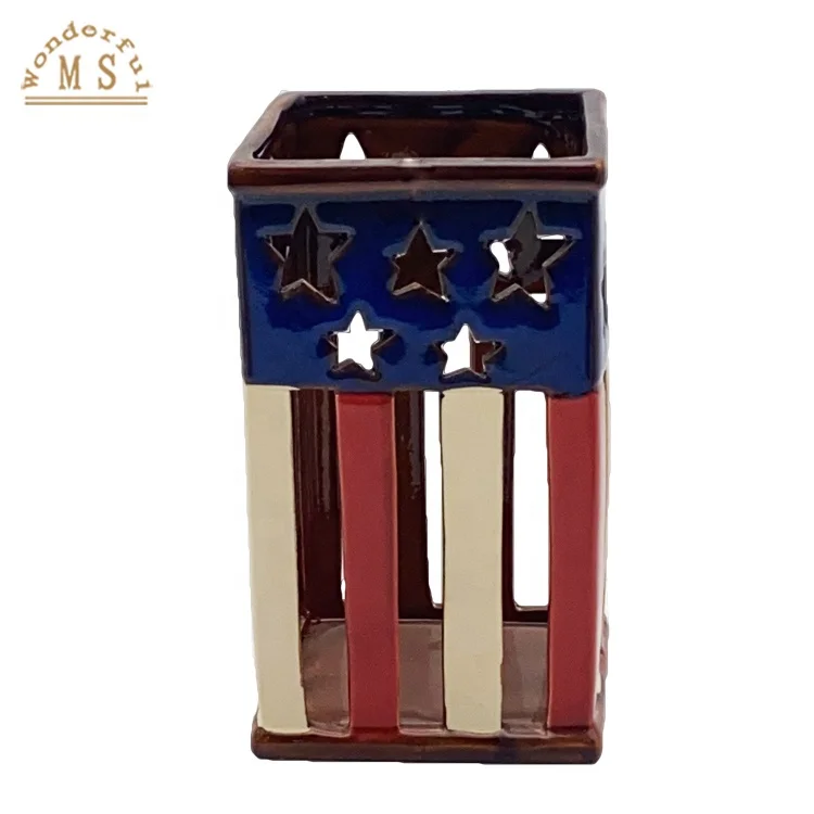 Ceramic hanging Candle lantern with American Flag Painting Candle Holder a perfect gift or patriotic decor for Independence Day