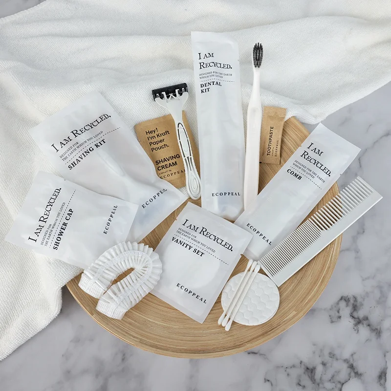 Eco Friendly  Global Recycled Standard Biodegradable Travel Size Amenities Supplies Kit for Hotel