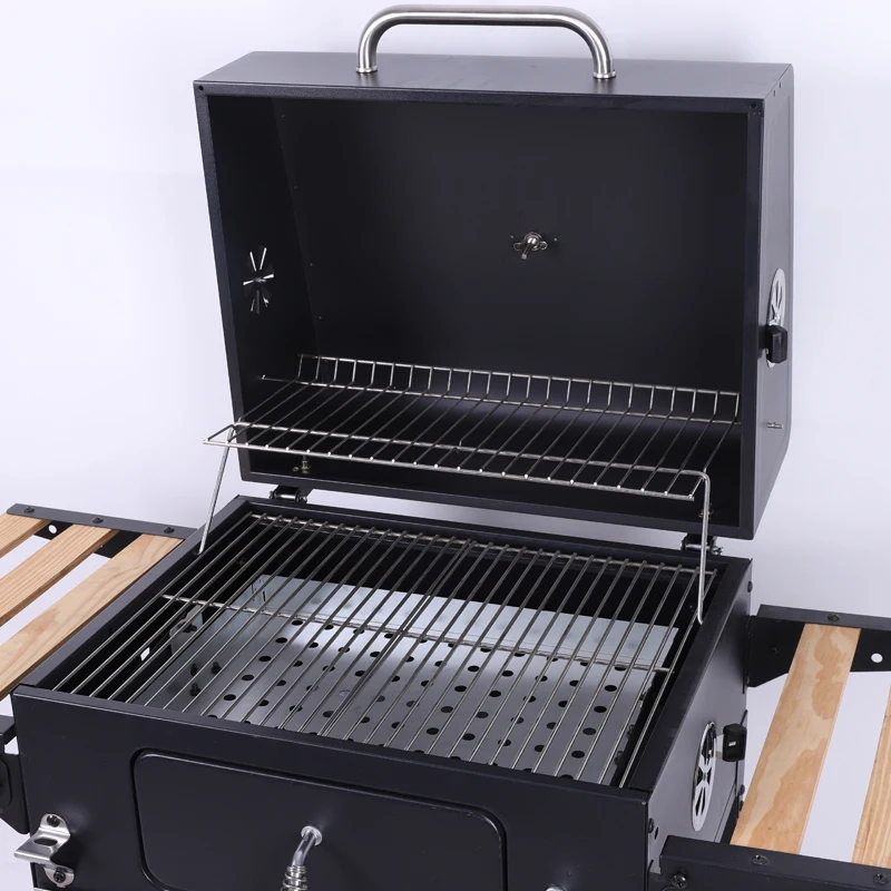 Big Barbecue Black Outdoor Meat Smoker Square Large Charcoal Trolley Bbq Grill With Side Table supplier