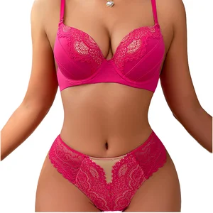 Wholesale New Women Lace Bra Set Sexy Push-Up Underwire Pull Together Color Contrast Mold Cup Breathable Hipster