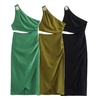 European and American style women's gold-encrusted asymmetric midi dress off-the-shoulder pleated cut-out dress