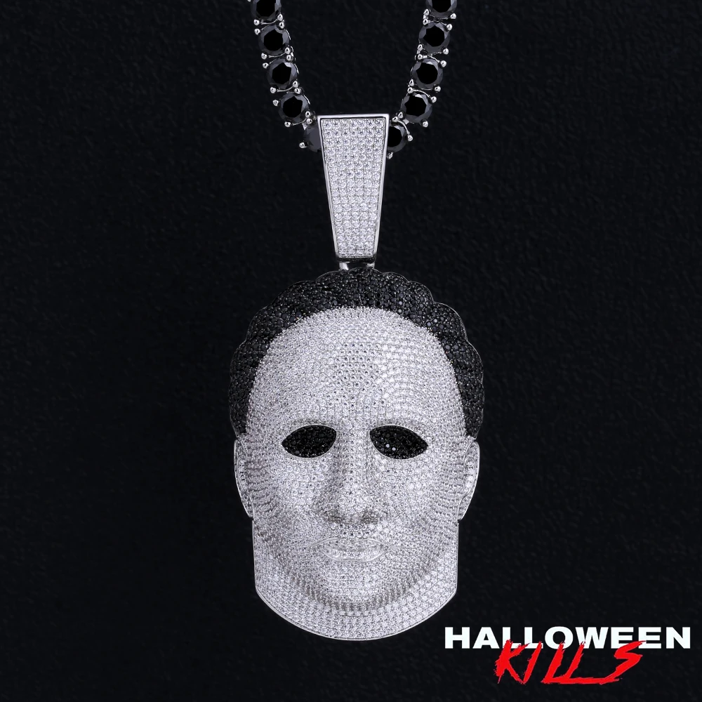 KRKC&CO ST Saint Halloween White Gold Iced Out Custom Pendant Michael Myers  Mask Pendant Hip Hop Jewelry