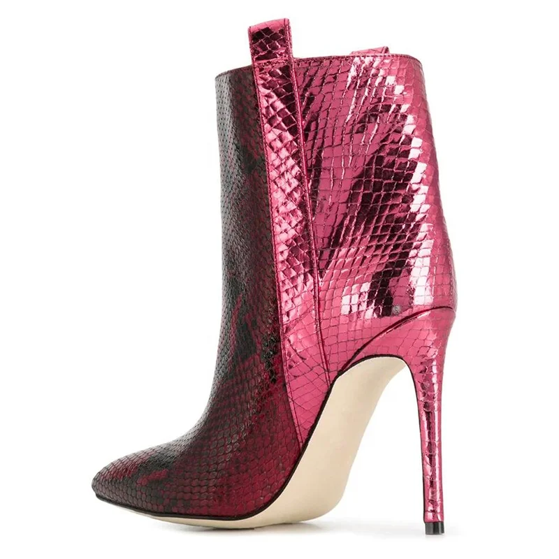 Trendy Color Matching Red Gold Snake Pattern Leather Pointed Toe Stiletto Heel Ankle Boots Women Short Boots High Heels Booties