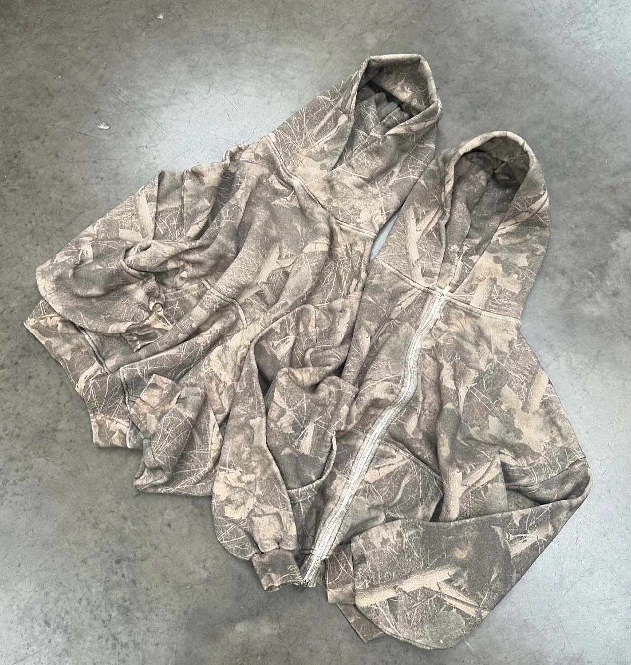 Salati Manufacturer Essentials Custom Camouflage 600 GSM Oversized Zipper Real Tree Print Camo Distressed Acid Wash Hoodies Men