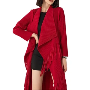 Customize Miyake Casual Pleated Long Chiffon Trench CoatJacket Belt High Waist Plus Size Solid Color Thick Fashion Cardigan Coat