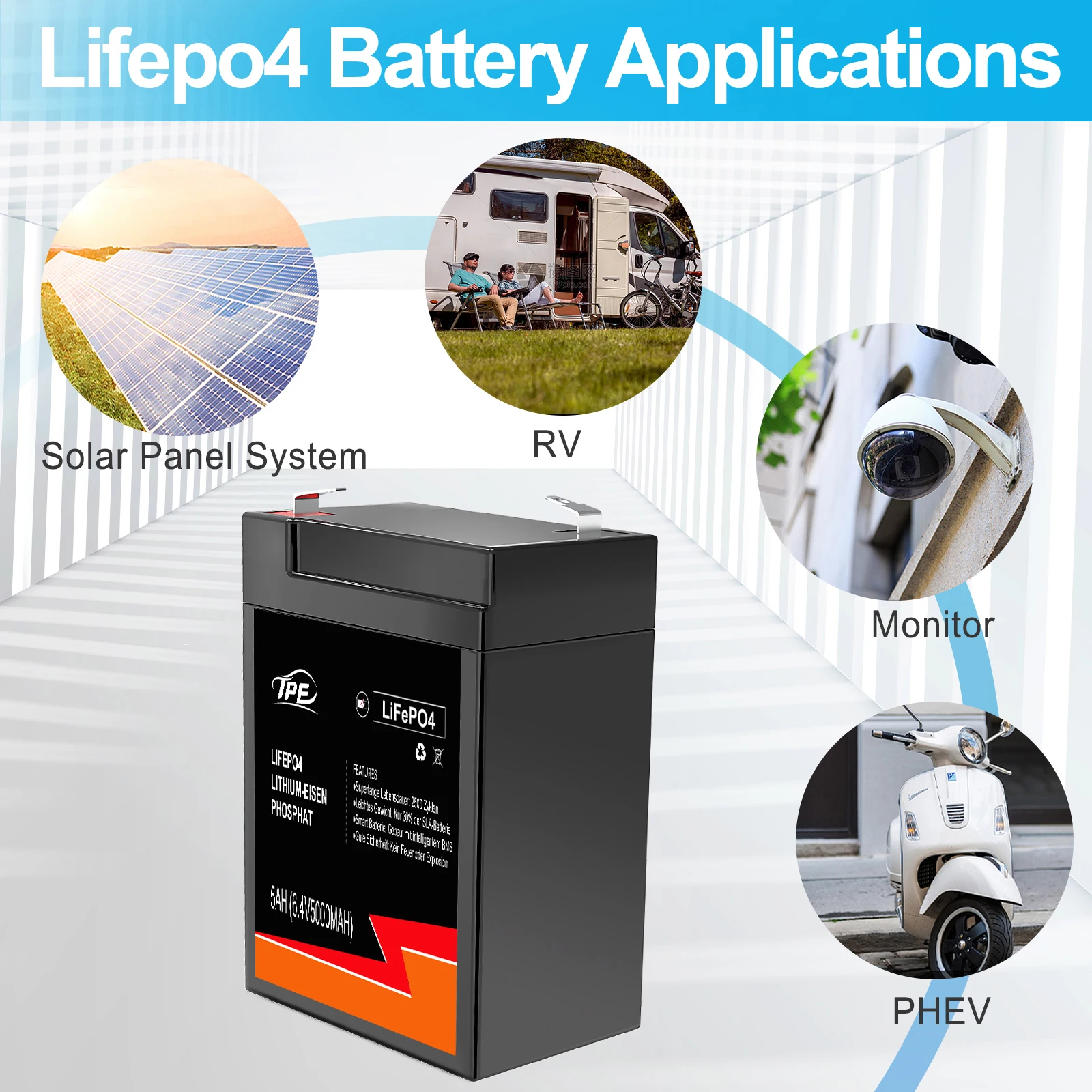 TPE Lifepo4 Battery 6.4V 5Ah, 6V Lithium Battery, Deep Cycle Rechargeable Battery  for RV, Solar, Marine manufacture