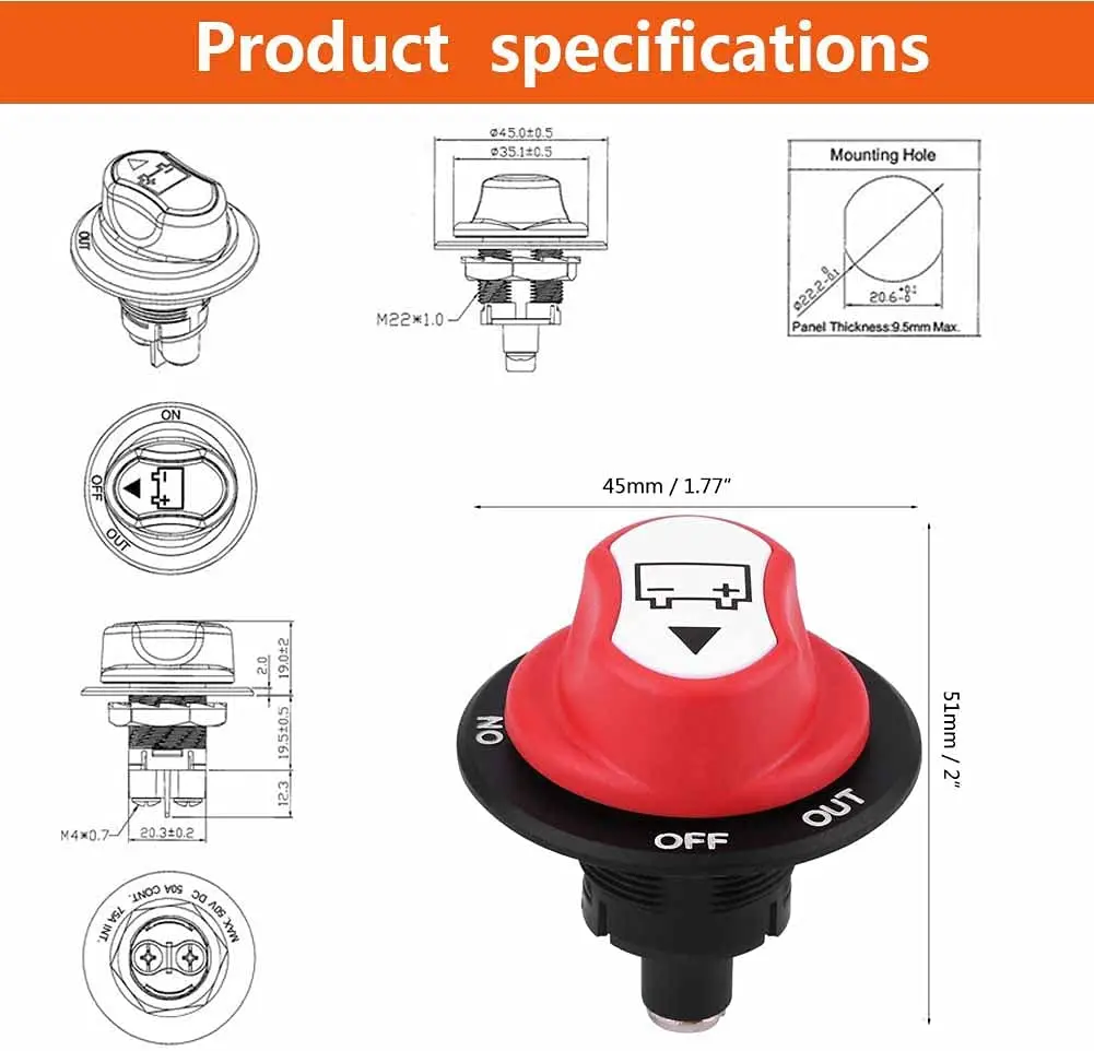 UMISKY Cut Out Off Kill Switch Max 50V 50A CONT 75A INT On/Off Car Battery Isolator Switch for Cars/Off Road Vehicle/Trucks 