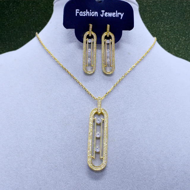 JYS0489 Women Jewelry Set Sweater Chain Rounded Rectangle Zirconia Pendant Necklace and Earring Jewelry Set