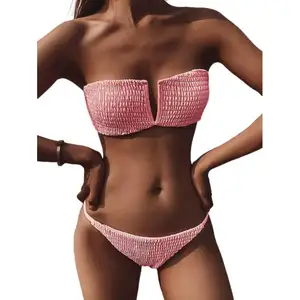 Two Piece Swim Tube Top Hollow Out Swimwear Wrinkle Thong Y Lace-up Pink Bikini Swimsuit Wholesale Bathing Suits