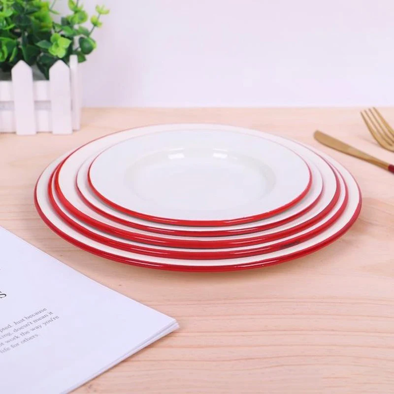 18cm 20cm 22cm 24cm 26cm Round Flat Shape Personalized logo Dinner Serving  Metal Enamel Burger Plates with Red Rim