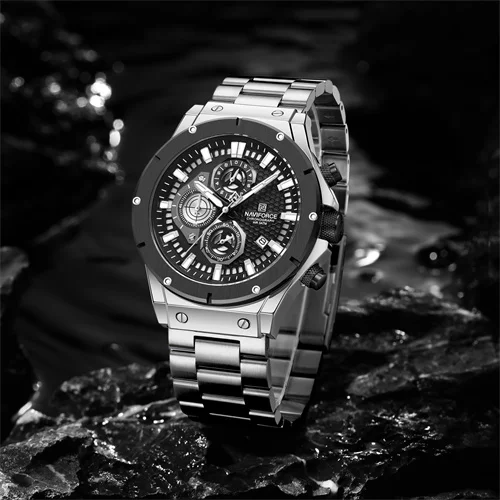 NAVIFORCE 8026 SB Factory Small Three Needle Watches for Men Chronograph Stainless Steel Strap Men Wrist Watches Big Dial Clock