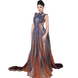 Customize Sharon Said Dubai Mermaid Luxury Floor-Length Sweep Train Sequined Beading Tassel Evening Dress for Women Prom Party