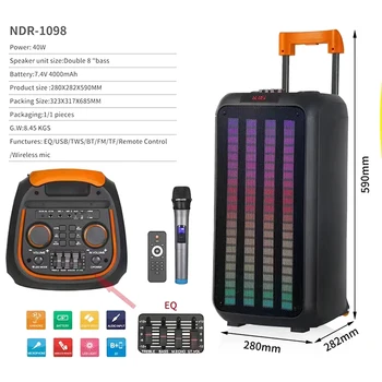 NDR1098 Big Power Double 8 inch Trolley Speaker With Wireless Mic RGB Light Stereo Stage Outdoor Karaoke Party Speaker