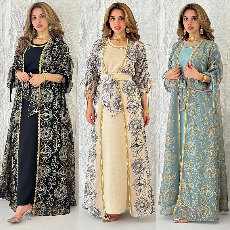 2025 Eid Ramadan Muslim Abayas for Women Dubai Party 2 Piece Sets Abaya Cardigan Robe Embroidery Lace up Dress Morocco Kaftan