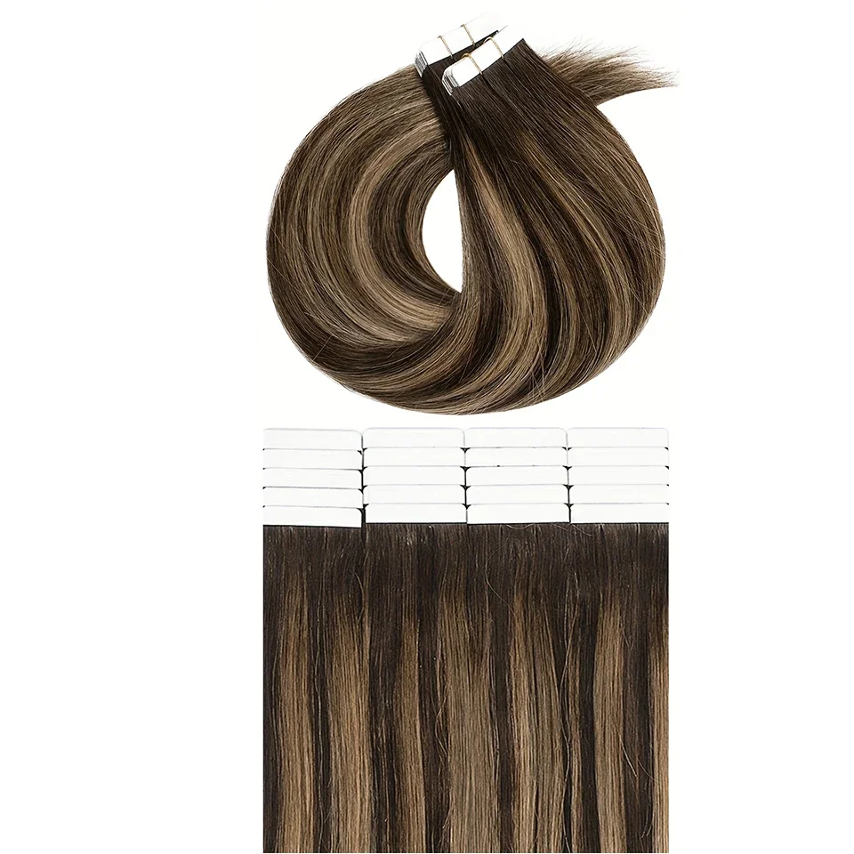 Rooted Dark Brown Chestnut Brown Highlight Tape Extensions_voghion.com