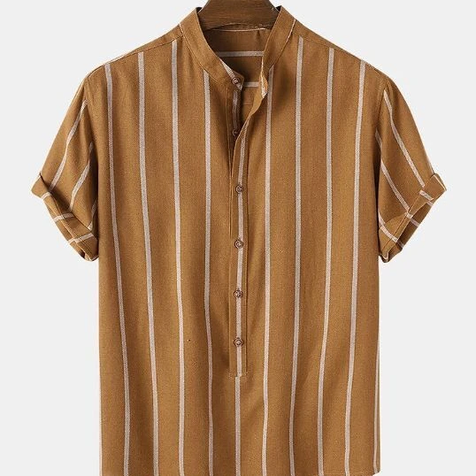 Summer 2024 classic vertical stripe men's shirt short sleeve casual stand collar fashion tops