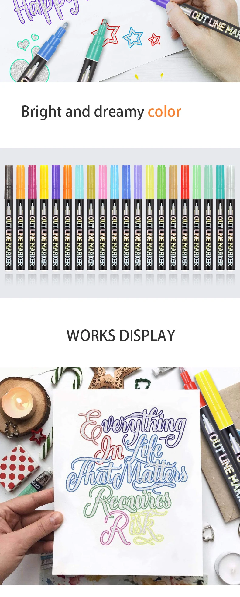 Outline Metal Marker Pens 12 Colors Paint Permanent Pen Metallic Double Line Markers For Writing