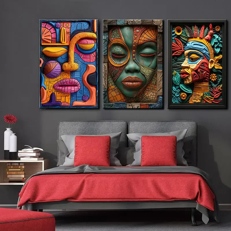 Set of 3 Canvas Poster African American Mask Tribal Ethnic Painting on Canvas Wall Art Poster Canvas for Living Room