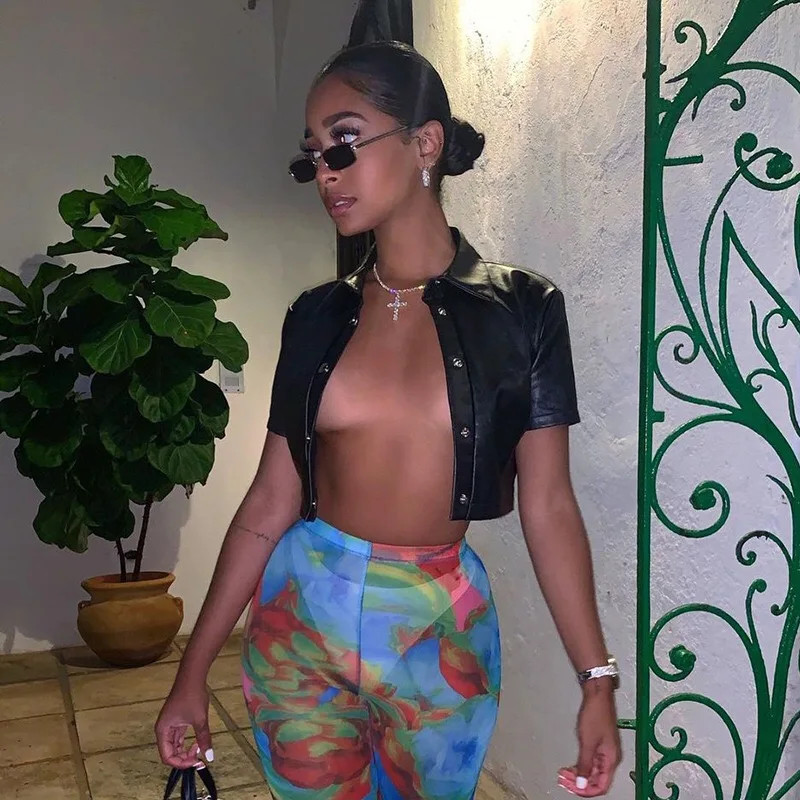 Black PU Leather Button Up Short Sleeve Crop Top T Shirt Women Fashion 2021 Streetwear Vintage Clothes
